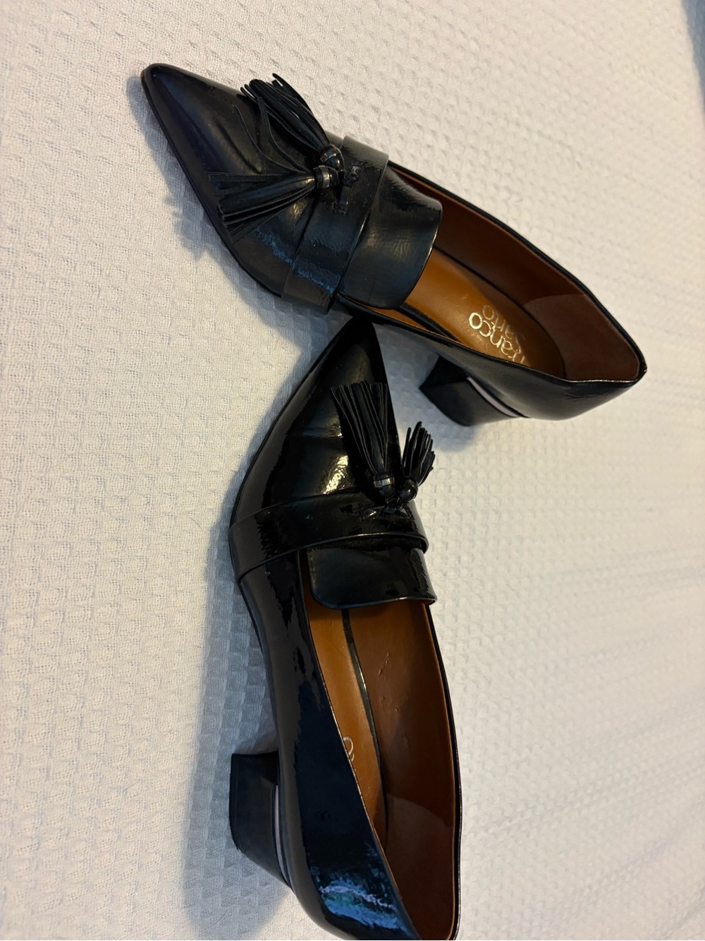 Franco Sarto Black Patent Pointed Tassel Loafers - Picture 3 of 5